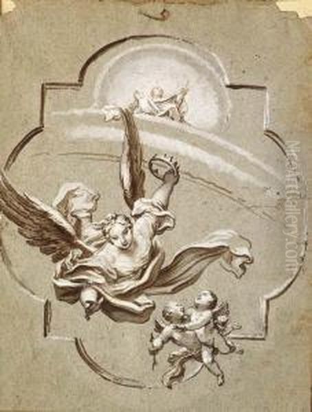 A Flying Figure Holding A Crown With Two Putti And Juno On Arainbow Oil Painting by Paolo Girolamo Piola