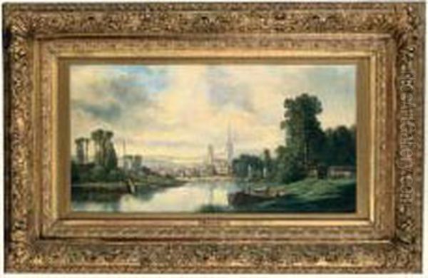 Ville Et Sa Cathedrale Au Tournant D'un Fleuve Oil Painting by Antoni Piotrowski