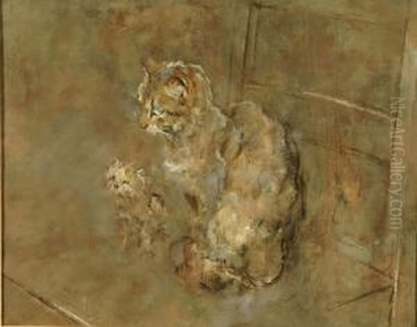 A Cat With Kitten Seated On A Stool Oil Painting by George Pirie