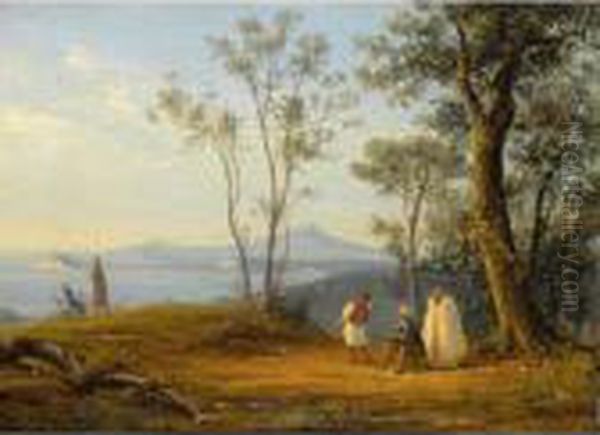 A Painter At Work In An Italianate Coastal Landscape Oil Painting by Anthonie Sminck Pitloo