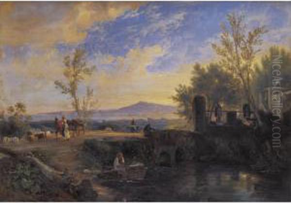 Peasants And Animals In A Landscape In Naples Oil Painting by Anthonie Sminck Pitloo