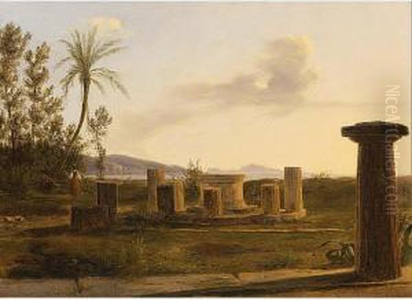 An Italian Landscape With Figures Near A Ruin Oil Painting by Anthonie Sminck Pitloo