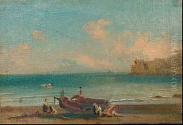 Marina Con Barche E Pescatori Oil Painting by Anthonie Sminck Pitloo