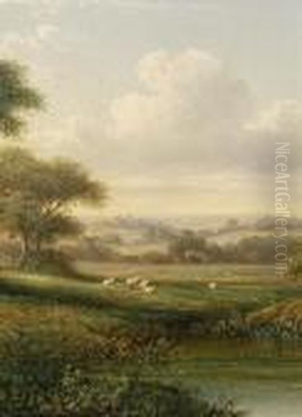 Sheep Grazing In An Extensive Landscape Oil Painting by William Pitt