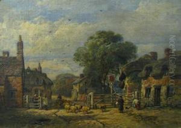 A Village Scene With Figures And Animals Oil Painting by William Pitt