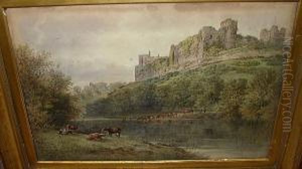 Cattle Watering At A River Beneath Castle Ruins, Signed And Dated 'william Pitt 1889' Oil Painting by William Pitt