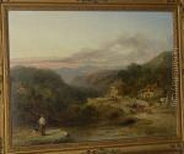 A Riverside Village Oil Painting by William Pitt