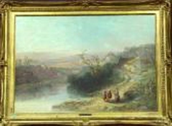 Villagers On A Country Road In An Extensive River Landscape Oil Painting by William Pitt