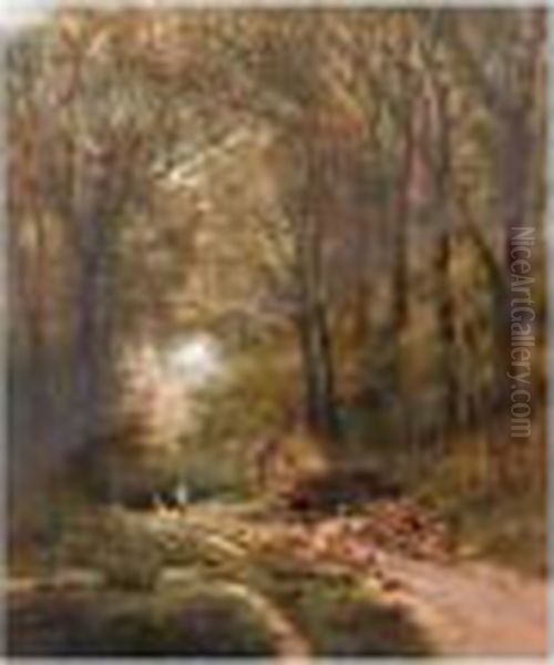 Sheep In A Country Lane Oil Painting by William Pitt