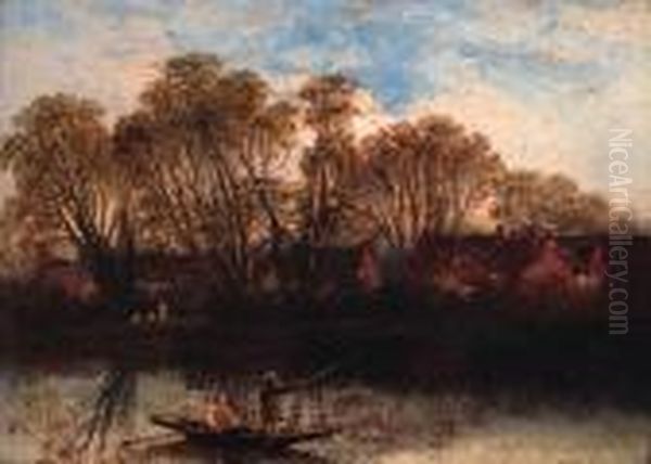 Fishing On A Tranquil River Oil Painting by William Pitt