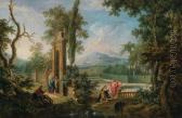 Landschaft Mit Christus Und Magdalena Sowie Die Begegnung Von Maria Und Elisabeth Oil Painting by Giovanni Battista Pittoni the younger