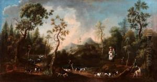 Paesaggio Con Scene Di Caccia Oil Painting by Giovanni Battista Pittoni the younger