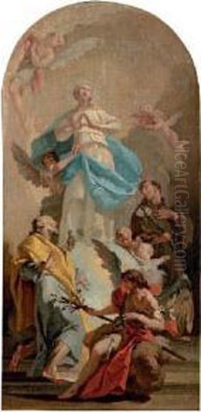 The Immaculate Conception With Saints Joseph And Anthony, In A Painted Arched Top Oil Painting by Giovanni Battista Pittoni the younger