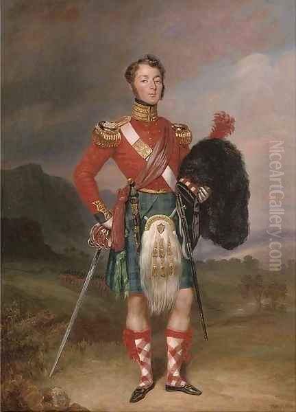 Portrait of Captain Robert Williamson Ramsay, small full-length, in the uniform of the 42nd Foot, the Black Watch, in a Highland landscape Oil Painting by Charles Achille D'Hardiviller