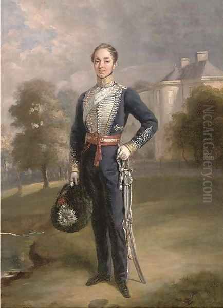 Portrait of Lieutenant George Ramsay of Lixmont, full-length, in the uniform of a Scottish Yeomanry Regiment, before a country house Oil Painting by Charles Achille D'Hardiviller