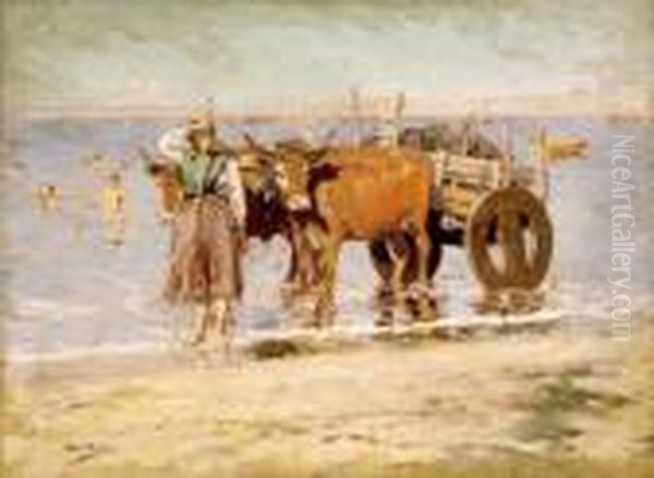 Valenciana Con Carro De Bueyes En La Playa Oil Painting by Alberto Pla y Rubio