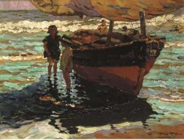 A Fishing Boat With Children On The Shore Oil Painting by Alberto Pla y Rubio