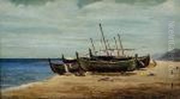 Barcas En La Playa Oil Painting by Eusebio Planas