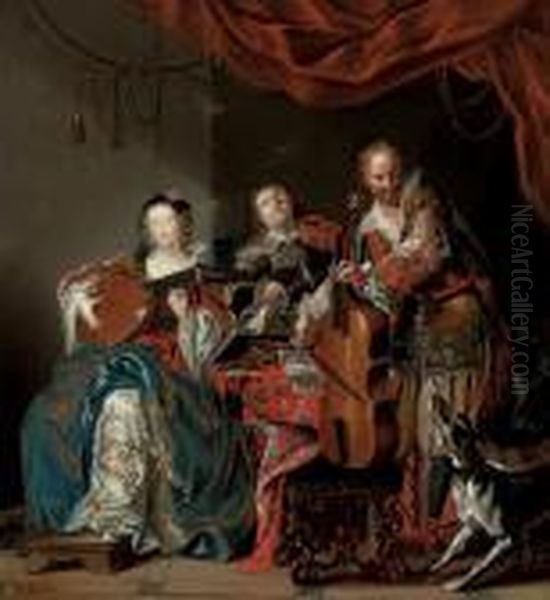 Elegant Company Making Music In An Interior Oil Painting by Johann Georg Platzer