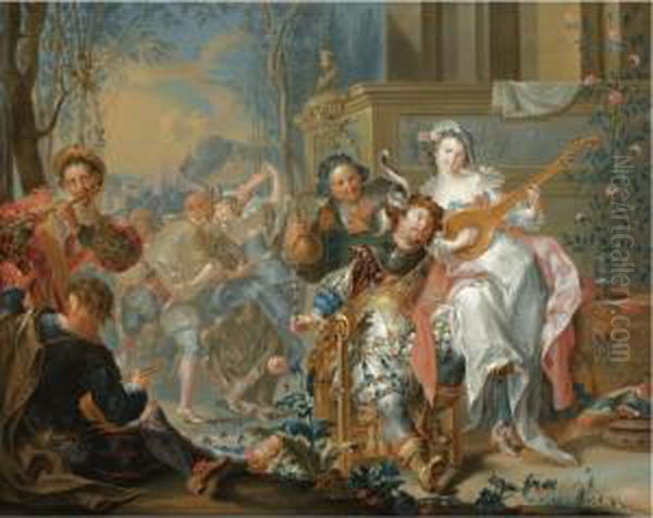 A Palace Garden With Figures Dancing And Making Music Oil Painting by Johann Georg Platzer