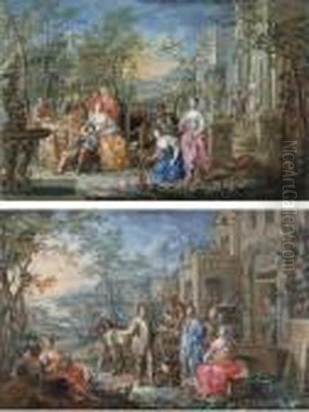 A Company Making Music In The 
Grounds Of A Country Villa; And Afamily Outside Their Villa With An 
Extensive River Landscapebeyond Oil Painting by Johann Georg Platzer