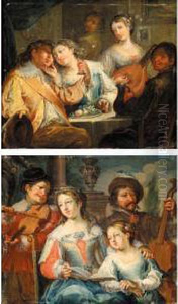 A Family Group Singing, A Man Playing An Instrument Behind Oil Painting by Johann Georg Platzer