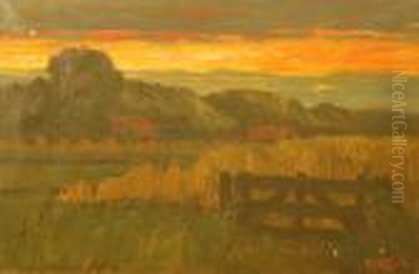 Landschap Met Ondergaande Zon. Gesigneerd. Zonder Lijst Oil Painting by George, Jurgen Pletser