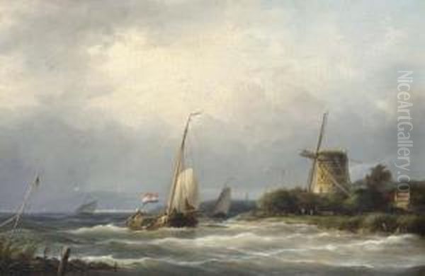 A Sailboat On Rough Seas By A Windmill Oil Painting by Ary Pleysier