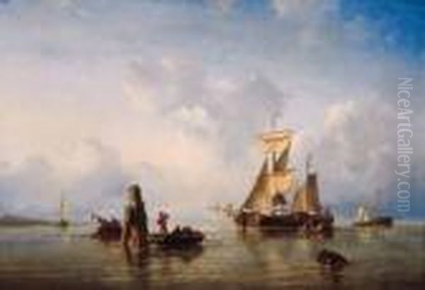 Moored Sailingvessels In A Sunlit Estuary Oil Painting by Ary Pleysier