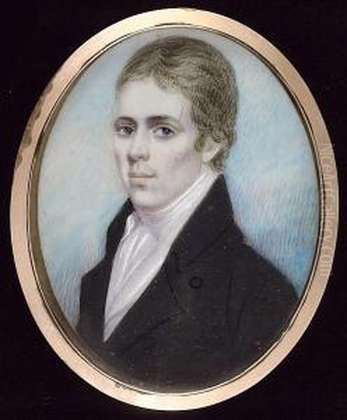 A Miniature Portrait Of A Gentleman Wearing A Black Coat, White Waistcoat And Stock Oil Painting by Andrew Plimer