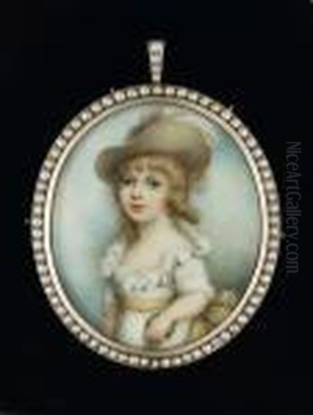 A Young Boy, Wearing White Dress
 With Frilled Collar, Yellow Sash And Wide-brimmed Hat Dressed With Pink
 And White Ostrich Feather, He Holds A Coloured Ball In His Left Hand Oil Painting by Andrew Plimer