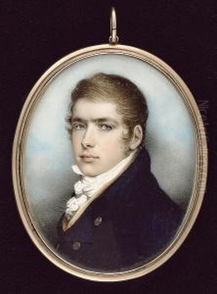 A Young Gentleman, Wearing Dark 
Blue Coat, Yellow Waistcoat And Frilled White Chemise And Tied Stock Oil Painting by Andrew Plimer