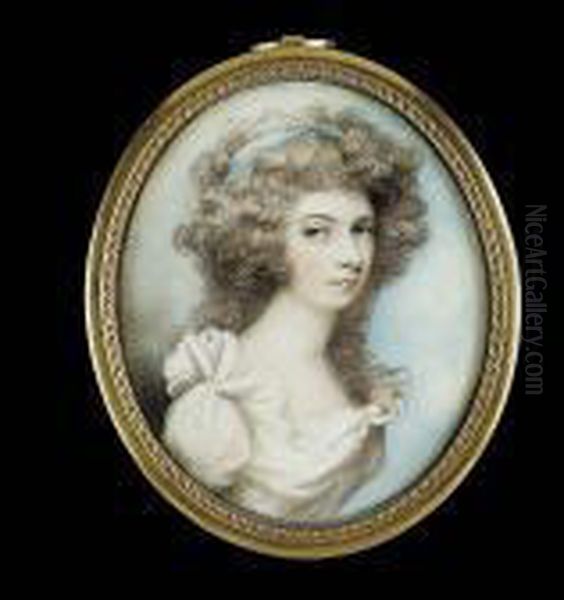 A Lady, Called Mrs Jenny Pigott,
 Wearing White Dress With Frilled Collar And Blue Bandeau In Her 
Powdered Hair Oil Painting by Andrew Plimer