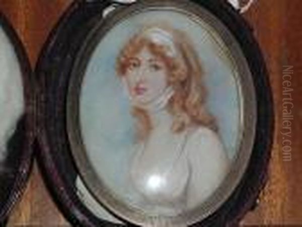 A Miniature Portrait Of A Lady, 
Wearing A White Bandeau Tied Beneath Her Chin And Decollete White Dress Oil Painting by Andrew Plimer