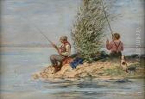 Angler Am Niederrhein. Oil Painting by Karl Pluckebaum