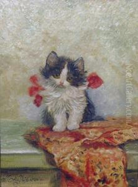 Junge Katze Mit Buntem Tuch Oil Painting by Meta Pluckebaum