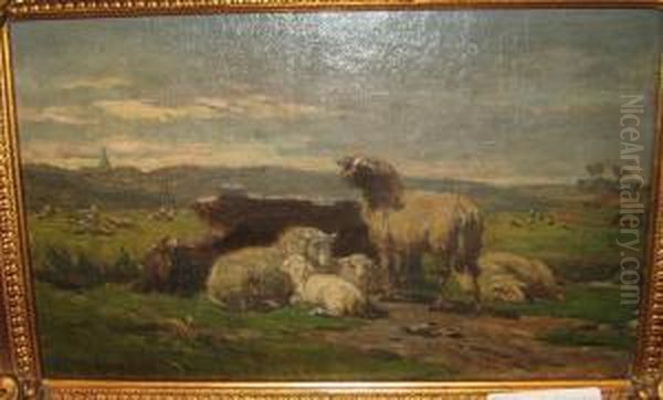 Belier Et Moutons Au Repos Oil Painting by Andre Plumot