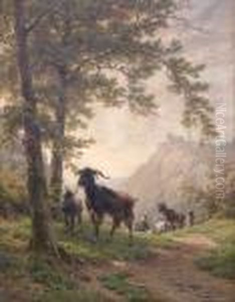 Bergere Au Repos Avec Des Chevres Dans Un Paysage Montagneux. Oil Painting by Andre Plumot