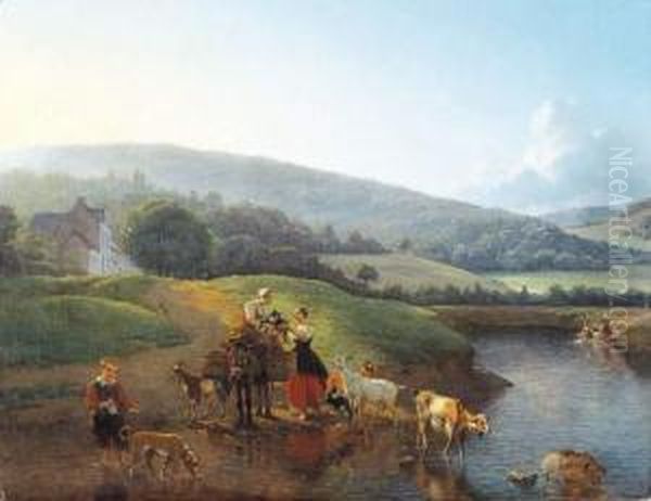 Heuvelachtig Landschap Bij Een Rivier Oil Painting by Andre Plumot