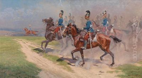 Anreitende Eskadron Des K. U. K. Dragoner Regiments Nr. 4 Oil Painting by Alexander Pock