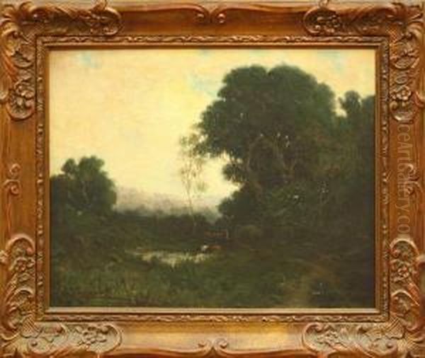 Shepherd Watering Cattle At A Pond Oil Painting by Alexis Matthew Podchernikoff