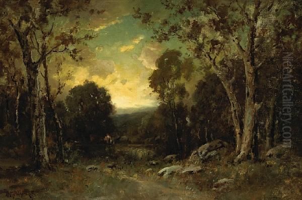 Sunset Over A Forest Clearing Oil Painting by Alexis Matthew Podchernikoff