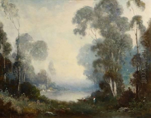 Figures And Trees By A Misty Lake Oil Painting by Alexis Matthew Podchernikoff