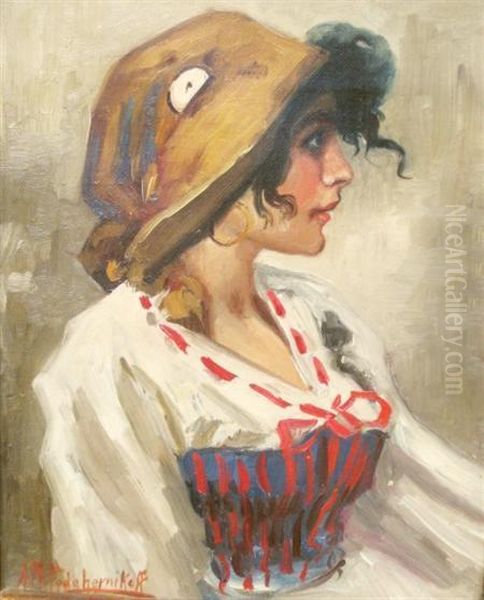 Gypsy Woman In Profile Oil Painting by Alexis Matthew Podchernikoff