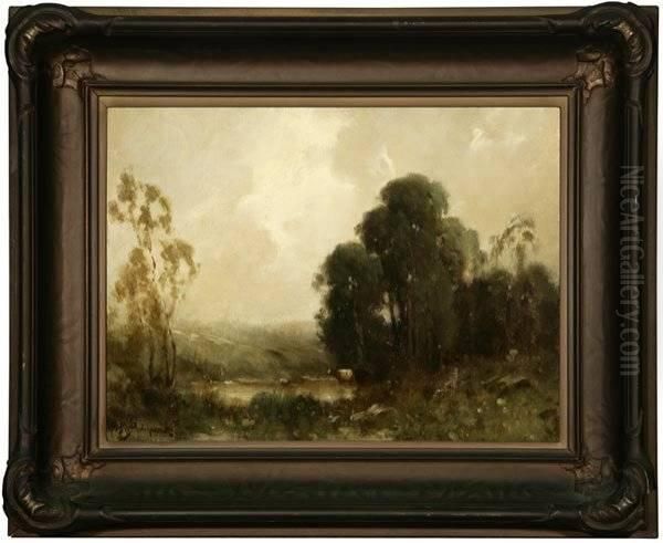 Cows In A Eucalyptus Landscape Oil Painting by Alexis Matthew Podchernikoff