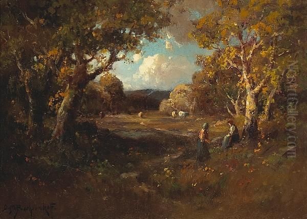 Two Figures Under Sheltering Trees With Cattle In A Clearing Oil Painting by Alexis Matthew Podchernikoff