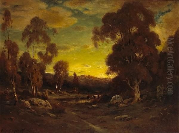 A Landscape At Dusk With Cattle Watering At A Pond Oil Painting by Alexis Matthew Podchernikoff