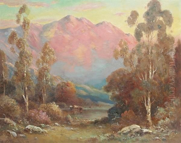 Cattle Watering With Pink Mountains In The Distance Oil Painting by Alexis Matthew Podchernikoff