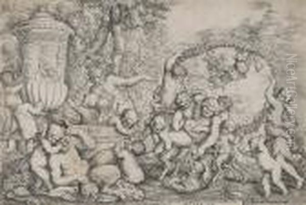 Bacchanal With Two Faunes And Children, Carrying A Drunken Silenus Oil Painting by Giovanni Andrea Podesta