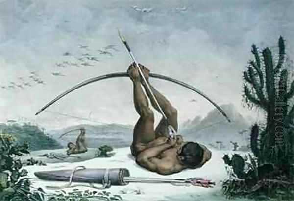 Cabocle Indian hunting birds with a bow and arrow Oil Painting by Jean Baptiste Debret